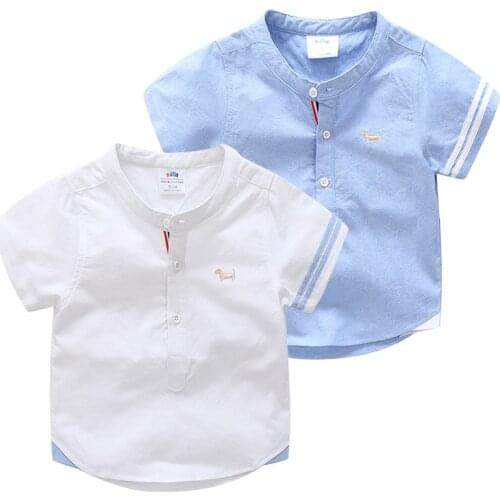 Kids Birthday Gift Clothes 2020 Summer Fashion Cotton White Blue Color Cartoon Dog Print Short Sleeve Mandarin Collar Boys Shirt