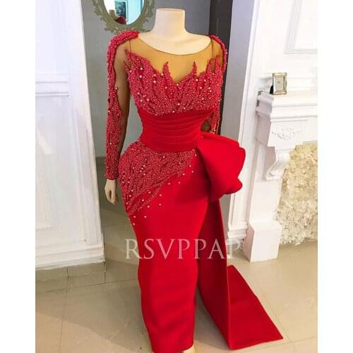 Long Red Evening Dresses 2021 Exquisite Heavy Beaded Top O-neck Long Sleeves Sheath African Women Formal Gowns