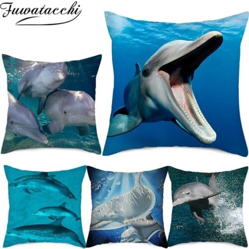 Fuwatacchi Dolphi Animals Printed Pillow Case Dolfijn in Sea Photo Cushion Covers For Home Chair Sofa Decorative Pillowcases New