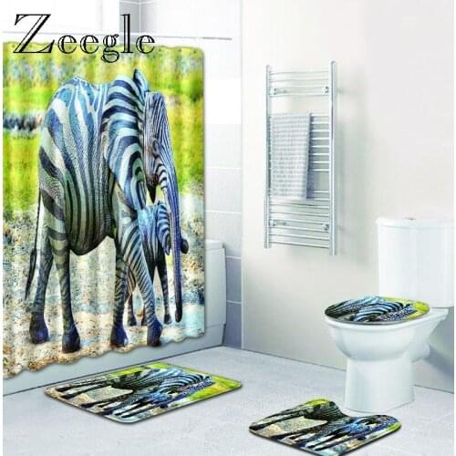 Zeegle Printed Bath Mat for Bathroom and Shower Curtain 4PCS Floor Mat for Toilet Non Slip Shower Room Carpet Toilet Lid Mats