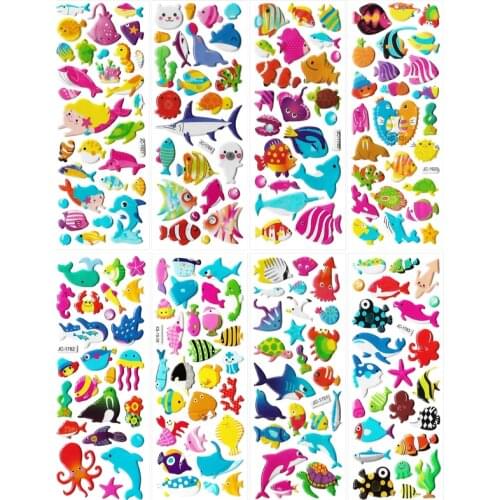 8 Sheets 3D Cartoon Sea Fishes Animal Stickers Ocean World Coral Jellyfish Mermaid Waterproof Sticker Kids Scrapbook Decal Toys