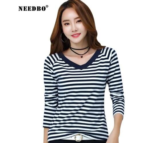 NEEDBO Long Sleeve Long t shirt Women Summer Spring V-neck Sexy Casual t-shirt Women Slim Striped Full Tee Shirt Femme Tops