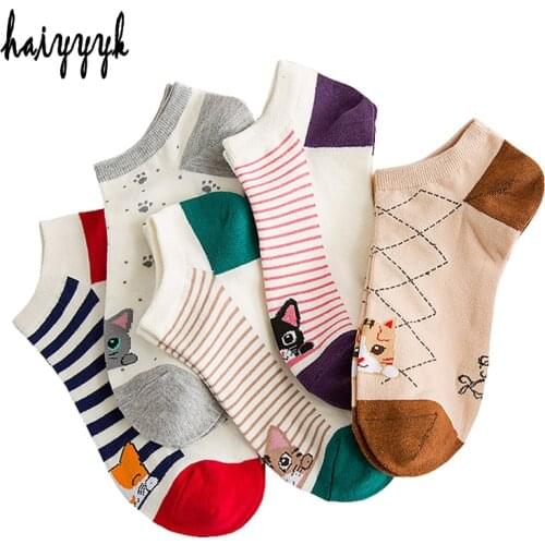 5Pair/Lot Cute Cat Striped Women Socks Creative Casual Cotton Funny Animals Socks For Women Invisible Ankle Socks Size EUR 36-41