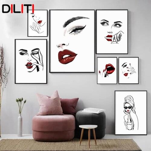 Nordic Fashion MakeUp Canvas Poster Moderm Sexy Woman Wall Art Eyelash Red Lips Painting Picture for Living Room Home Decor