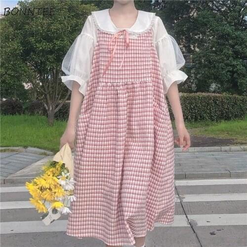 Sleeveless Dress Women Japanese Style Kawaii Girls Mid-calf Pink Plaid Preppy Style Loose All-match Female Sweet Simple Retro
