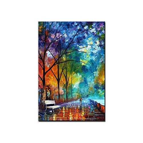 Hand-Painted Lovers Walking In Silent Nite Abstract Landscape Modern Oil Painting on Canvas Wall Art for Home Decor Living Room