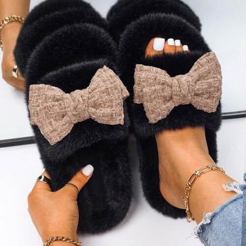 Womens Slippers Fluffy Faux Fur Slides Flat Sandals Butterfly-knot Designer Flip Flops DIY Bow Soft Custom Slides Shoes