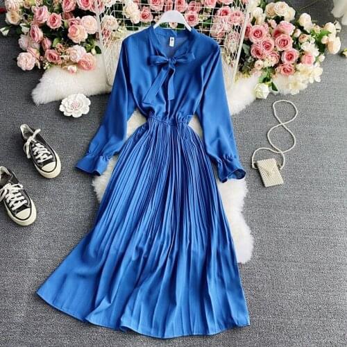 Vintage Bow Slim Waist Spring Pleated Long Dress Women Clothing Elegant Casual Lady Office Chiffon Dresses 2021 Vestido De Mujer