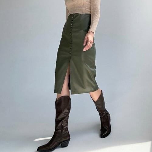 Elegant Office Lady PU Straight Skirt Sexy Green Autumn Winter Women High Street Fashion female Pencil Skirt