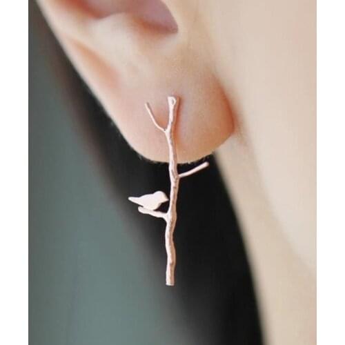 Hot Sale Fashion Unique Designed Gold Color Metal Tree Branches Lovely Bird Ear Stud Earrings For Women Brincos