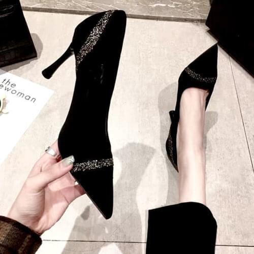 2021 New Ladies High Heels Stiletto Sequins Girls Sexy Pointed Toe Net Red Shoes Female Black Professional Single Shoes