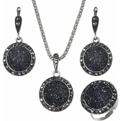 ZOSHI Vintage Gem Jewelry Set Fashion Women Jewelry Sets Antique Crystal Round Stone Pendant Necklace Sets 3Pc