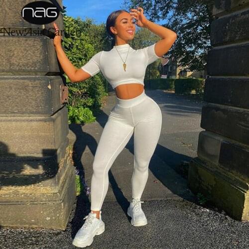 NewAsia 2 Piece Sweatsuit Short Sleeve Crop Top High Waist Pants Sets Fashion Solid Color Bodycon Loungewear Joggers Women Set