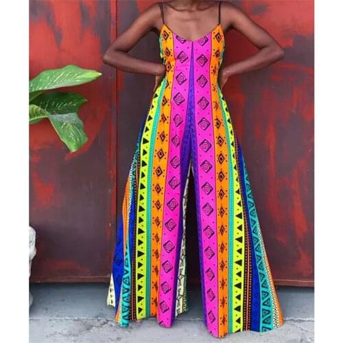 Women Summer African Flares Spaghetti Strap Bodysuit Dashiki Ankara Style Trousers Fashion Robe Africaine Jumpsuit Indie Fashion