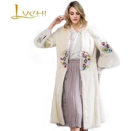 LVCHI Winter 2019 Real Natural Mink Fur Coat Womens Loss O-Neck Coat Full Pelt Causal Embroidery Pearl beige X-Long Mink Coats