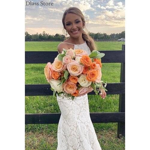 Pure White Prom Dress For Wedding Lace Mermaid Sweep Train Elegant Backless Bridal Evening Dress robe de soirée de mariage