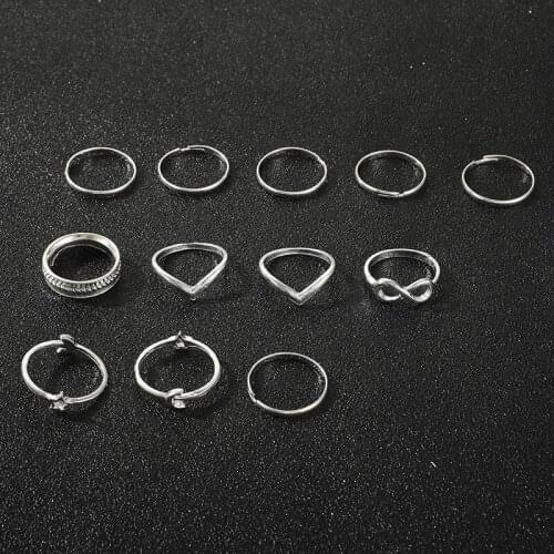 12 Pieces/set of Bohemian Geometric Simple Ethnic Style Ancient Silver 8-character Five-pointed Star Ring Wedding Party Jewelry