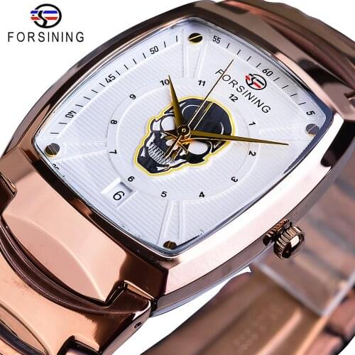 Forsining Steampunk White Rectangle Quartz Watch Men Ghost Head Date Display Stainless Steel Band Watches Masculine Male Relojes