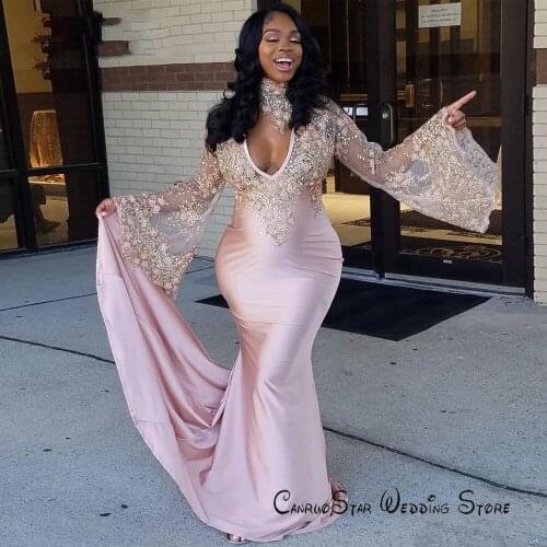 Elegant Long Sleeves Mermaid Light Pink Black Girls Prom Dresses Pregnant Women African Plus Size Maternity Formal Evening Dress