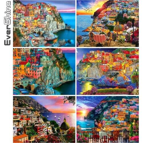 Evershine 5D DIY Diamond Embroidery Seaside Cross Stitch Diamond Painting Town Landscape Diamond Mosaic Mountain Home Decor