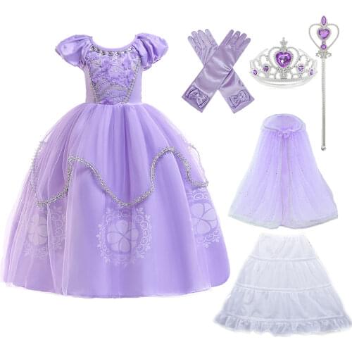 Purple Princess Sofia Dress for Girl Kids Cosplay Costume Puff Sleeve Layerd Dresses Child Party Birthday Sophia Fancy Costumes