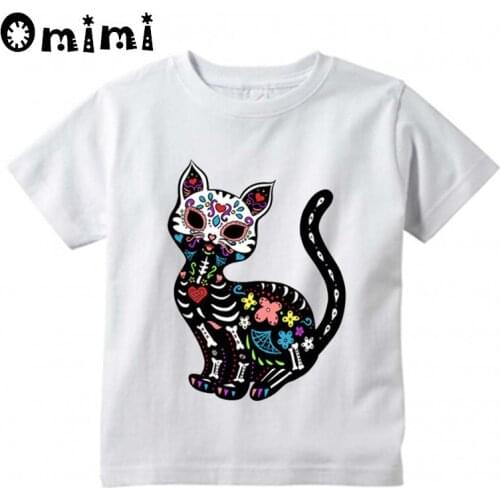 Boys/Girls Cat Sugar Skull Printed T Shirt Kids Short Sleeve Tops Baby Childrens Funny White T-Shirt