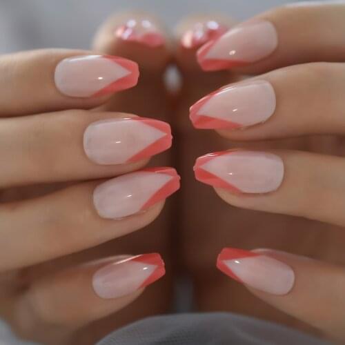 Coffin French Fake Nails With Design Red V Pattern Nude False Nails Press On Artificial Nail Art Manicure Solution Supplies