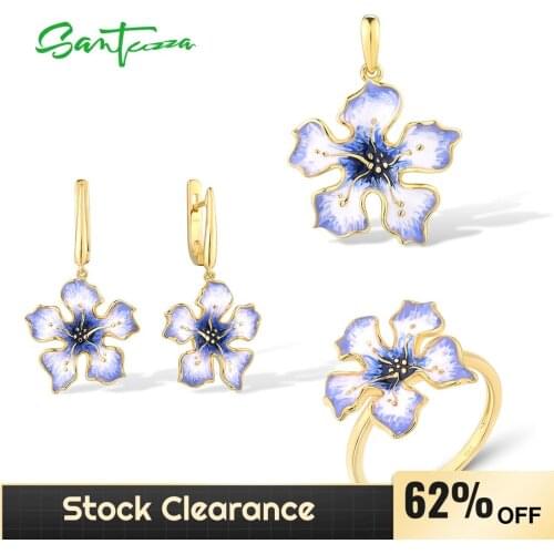 SANTUZZA 925 Sterling Silver Jewelry Set For Women Elegant Purple Yellow Enamel Flower Pendant Earrings Ring Party Fine Jewelry
