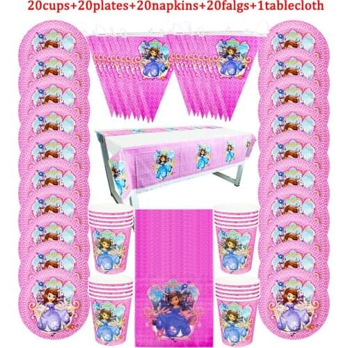 Cartoon Disney Sofia Princess Disposable Tableware 81Pcs kids Birthday Party Paper Cups +Plates+Napkins+Flags Sets Supplies