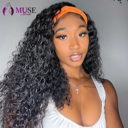 MUSE LOVE Water Wave Curly Headband Wig Indian Water Wave Human Hair Wigs For Black Women Glueless Natural Wave Headband Wigs