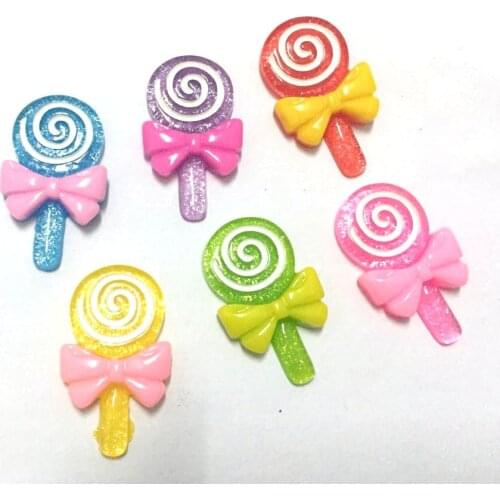 Set of 50pcs lovely extra big Sweet Polka Dot printed candy lollipop lolly 31X18mm /bow resin Cabochon for Kawaii DIY Projects