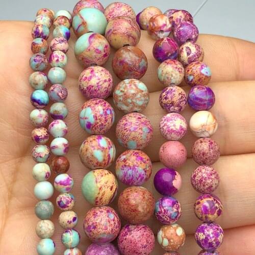Natural Violet Multicolor Imperial Jaspers Stone Round Sea Sediment Turquoises Beads For Jewelry Making Diy Bracelet 4 6 8mm