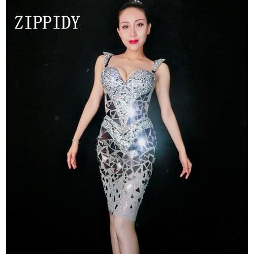 Super Sparkly Sequins Mirrors Dress Women Birthday Rhinestones Costume Prom Celebrate Grey Bling Dresses Evening Outfit