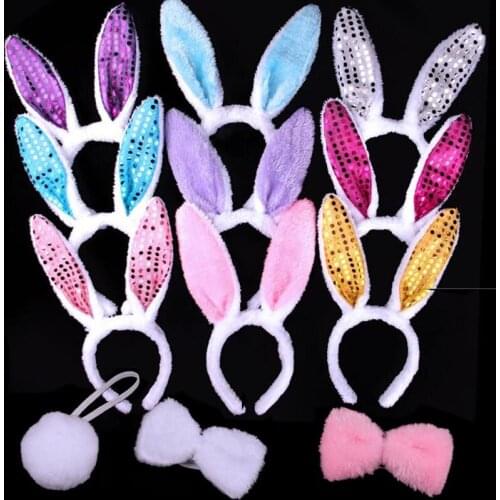 Plush Sequins Bunny Rabbit Ears Headband Bow Tie Tail Cosplay for Children Adults Party Fancy Dress Halloween Christmas Gift