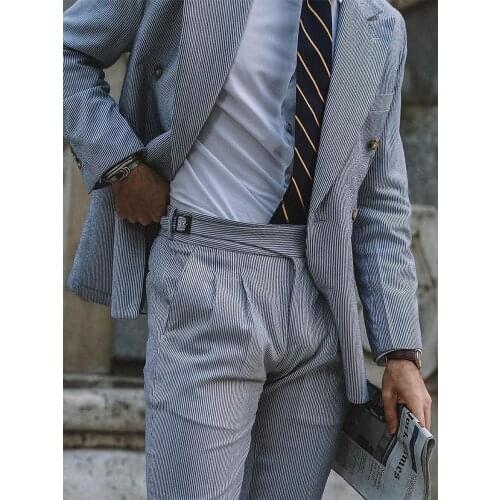 Retro Coulter casual pants Europe and the United States street beat nine point trousers pure cotton seersucker blue stripe suit