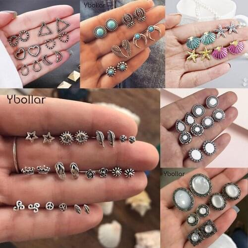 Boho Stud Earrings Set Heart Moon Shell Star Flower Crown Small Earrings 4 Pairs/5 Pairs/11 Pairs Gems Women Girls Jewelry