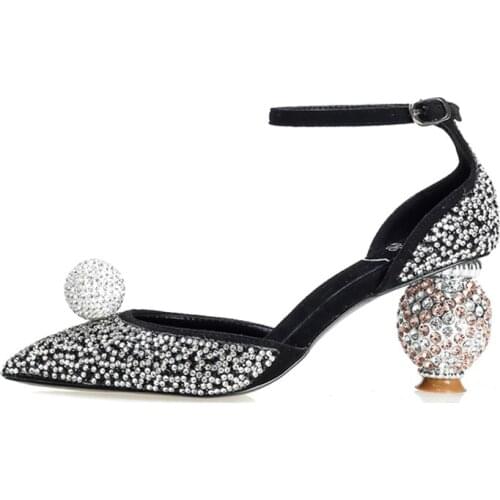 Stiletto Heel Wedding Crystal Pumps Bling Bling Sexy Pointed Toe Strange Style Heel Ankle Strap Crystal Ball Decor Bride Shoes