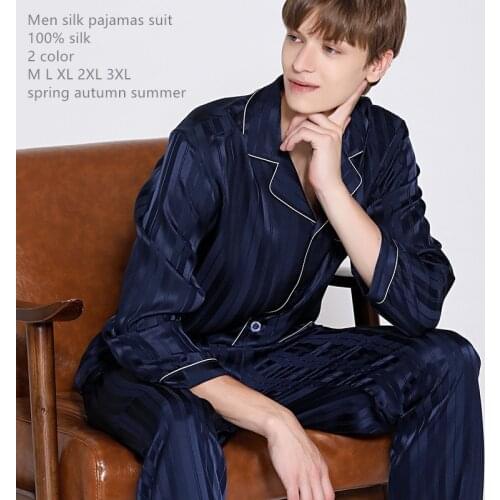 Naizaiga 19 Momme 100% silk deep blue and blue gray striped men spring pajamas suit , SKFS17