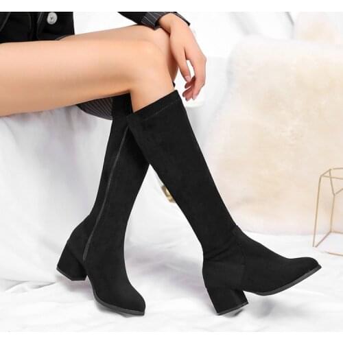 Aw20 new style womens boots thick heel Mid Heel round toe womens Shoes Black Suede knee high elastic boots