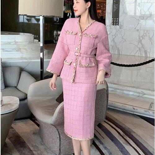 2021 winter fashion Temperament Womens Two-Piece Sets Tweed V-Neck Jacket Coat +OL Skirts Vintage Elegant Suit
