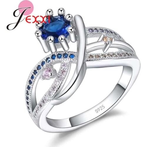 Novel Carat Blue Crystal Hollow Cross Design Finger Rings for Women Wedding Jewelry 925 Sterling Silver Anel Feminino