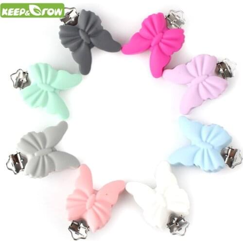 KEEP&GROW 1Pc Butterfly Silicone Nipple Holder Pacifier Clips Baby Teething Toys BPA Free DIY Pacifier Chain Accessories 8Colors