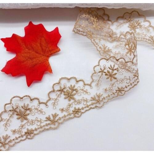 2 Meters Width 4.6cm Deep Gold Embroidered Flower Lace Fabric Sewing Craft DIY Applique Trim Garment Dress Decor