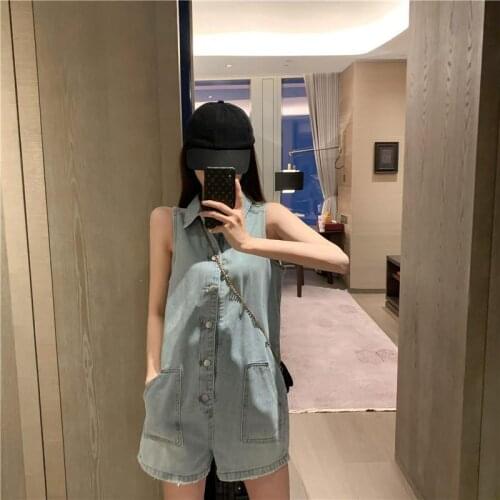 2021 Summer New Korean Sleeveless High Waist Jumpsuit Korean Tooling Jeans Loose Thin Wide Leg Shorts Denim Rompers Playsuit