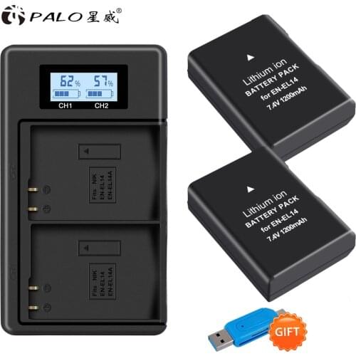 PALO 2pcs 1200mAh rechargeable battery EN-EL14 ENEL14+LCD digital charger for Nikon D3100 D3200 D3300 D5100 D5500 P7000 P7800