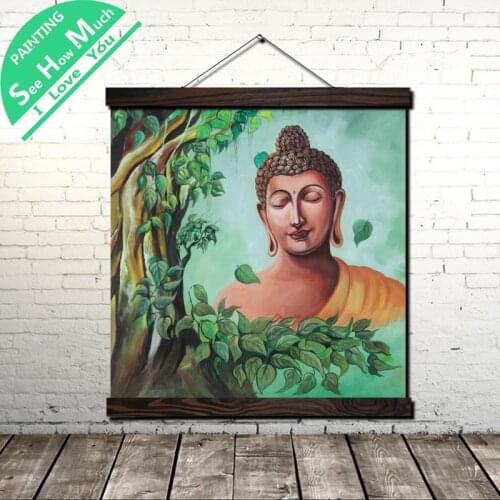 Buddha Green Tree Scroll Painting Canvas Vintage Poster and Prints Wall Art Picture Living Room Bedroom Farmhouse Decoration