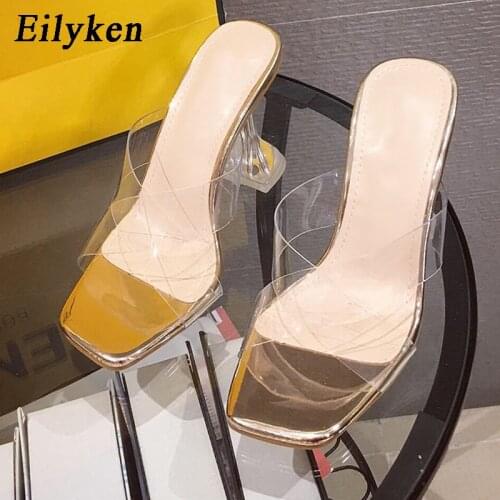 Eilyken Women Slides Slippers Mules Fashion Square Toe PVC Transparent Cross Strap Strange Perspex Heel Sandals Shoes Size 35-42