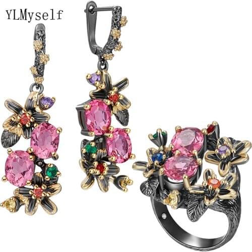 Beautiful Pink Red Crystal Earrings Ring Jewellery Set Flower Earrings Multi Zircon 2 Tone Brass 2pcs Jewelry Sets Wedding gifts