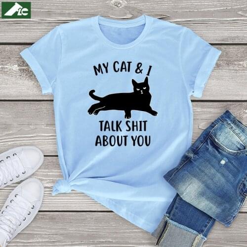 Kawaii Funny Cat T Shirt Women Clothing My Cat And I Talk About You Graphic Shirt Vintage Unisex Oversized Mens Short Sleeve Tee
