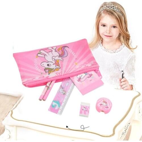 Cute kawaii Cartoon Office School Supplies Unicorn Pencil Case For Girls Cute Stationery Set Pen Bag With Ruler Eraser Kids Gift
